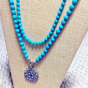 Two Necklaces Blue Chalcedon faceted beads Round Silver Medallion Pendant